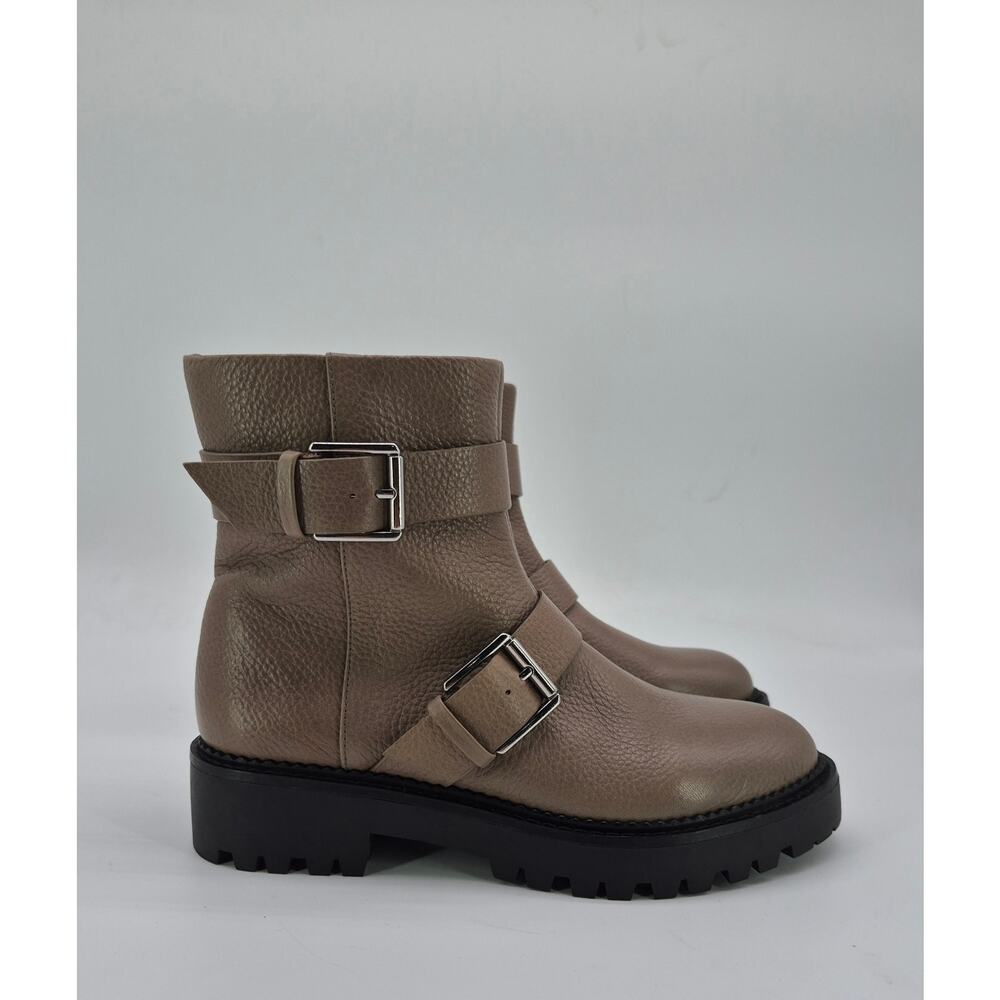 Nordstrom Leather Moto Ankle Boots Women Size 6.5 Taupe Lug Sole Buckle Zip